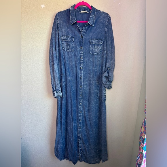 Soft Surroundings Chambray Denim Look Acid Wash Tencel Maxi Shirt Dress L Tall - Picture 6 of 12